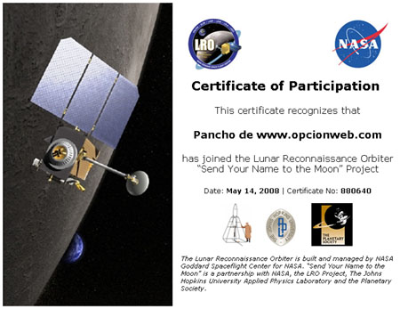 Certificado del LRO (Lunar Reconnaissance Orbiter)