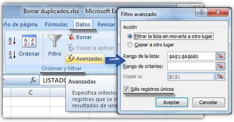 excel_filtro_avanzado /></p>
<p>Una vez <strong>seleccionado </strong>el rango de celdas que se desea depurar, la herramienta ofrece la <strong>posibilidad </strong>de limpiar el listado en la misma columna o <strong>copiar </strong>los datos filtrados a otra columna, opción que puede ser interesante si queremos <strong>revisar o comparar</strong> los registros eliminados. Por último <strong>el secreto</strong> del funcionamiento de la depuración es <strong>activar </strong>la opción  <strong>Sólo registros únicos</strong> que es el artífice de borrar los repetidos.</p>
<div class='heateorSssClear'></div><div  class='heateor_sss_sharing_container heateor_sss_horizontal_sharing' heateor-sss-data-href='https://opcionweb.com/borra-datos-repetidos-de-un-listado-con-excel/'><div class='heateor_sss_sharing_title' style=