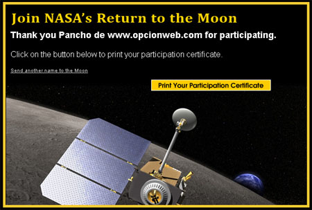 Certificado del LRO (Lunar Reconnaissance Orbiter)