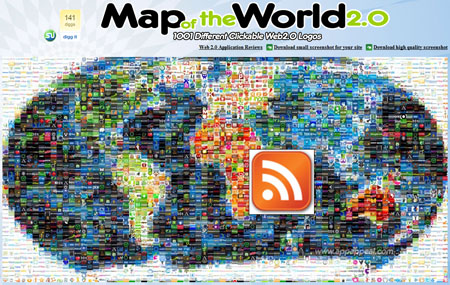 mosaico del mapa del mundo con logos web 2.0