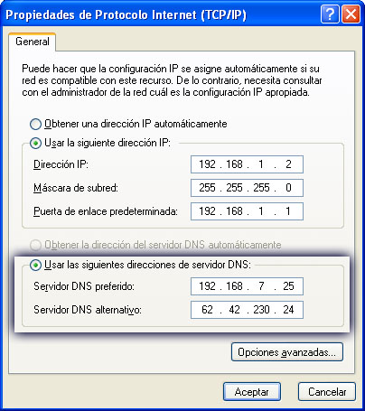 Configuración DNS del TCP/IP en Windows